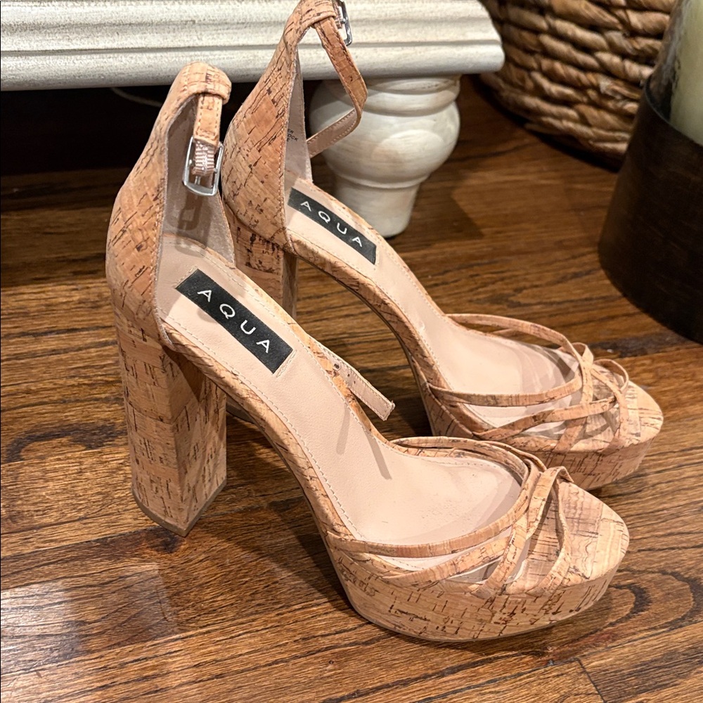 Aqua Tan Cork Strappy Heels